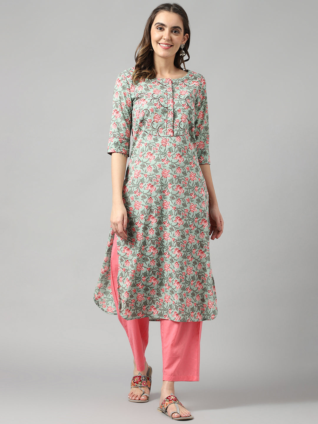 Women's Cotton Green & Pink Straight Hem Kurta - Deckedup