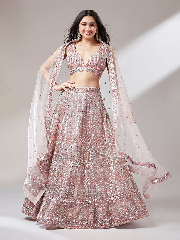 Women 's Rose Gold Net Mirror & Sequinse embroidery Ready to Wear Lehenga choli & Dupatta - Royal Dwells