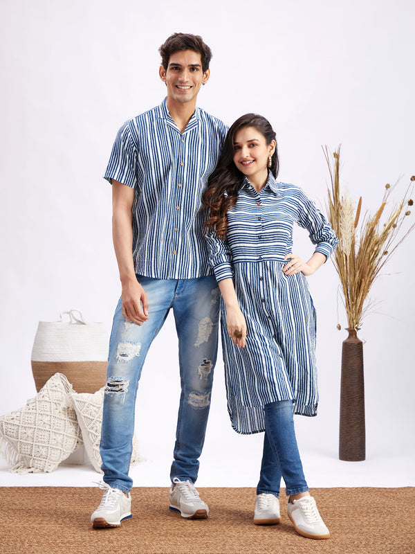 MEN WOMEN 36 - 42 Indigo Blue Cotton Men's:Ethnic Shirt  Women's:Kurta