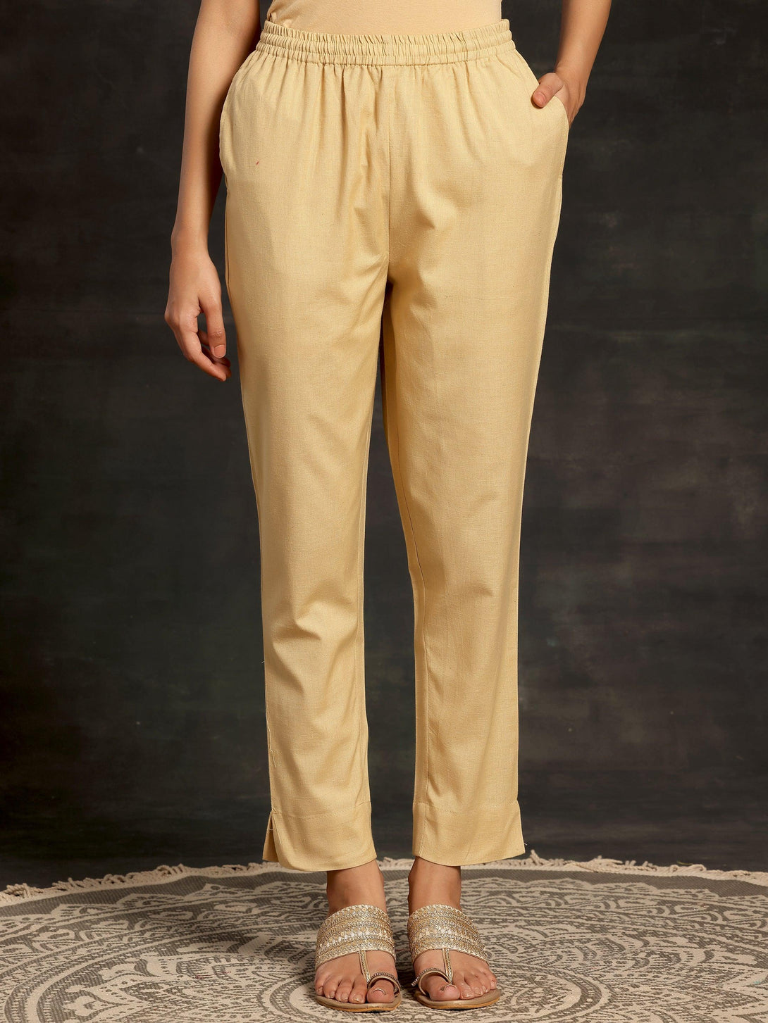 Cream Solid Cotton Straight Fit Trousers - Jashvi