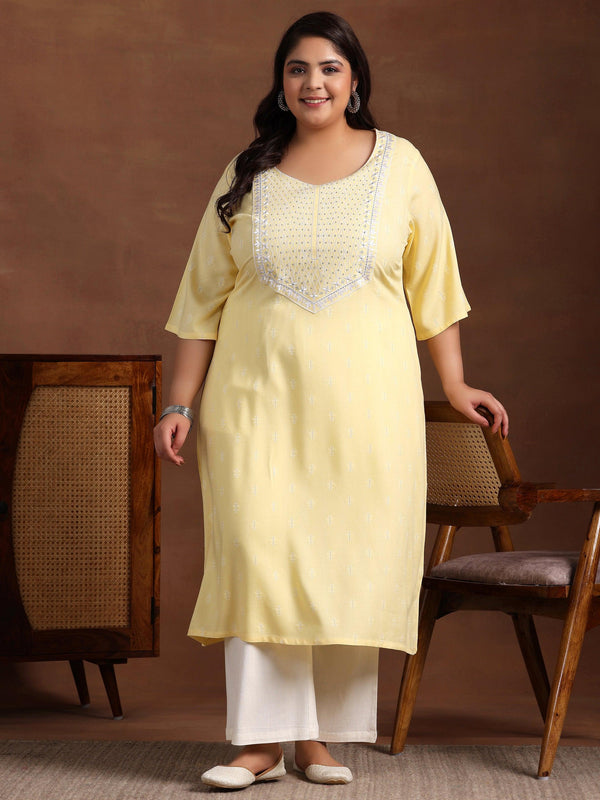 Plus Size Yellow Woven Design Rayon Straight Kurta