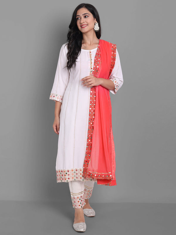 Women's Embroidred Kurta Pant And Dupatta Set (White) - Noz2Toz