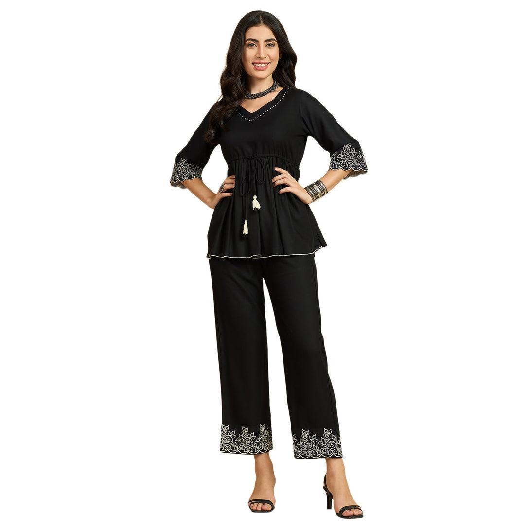 Women's Black Rayon Solid Embroidered Co-Ord Set - Azira