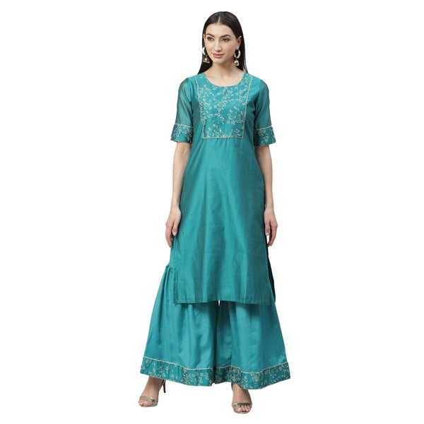 Women's Rama Green Chanderi Printed Half Sleeve Round Neck Casual Kurta Sharara Set - Myshka