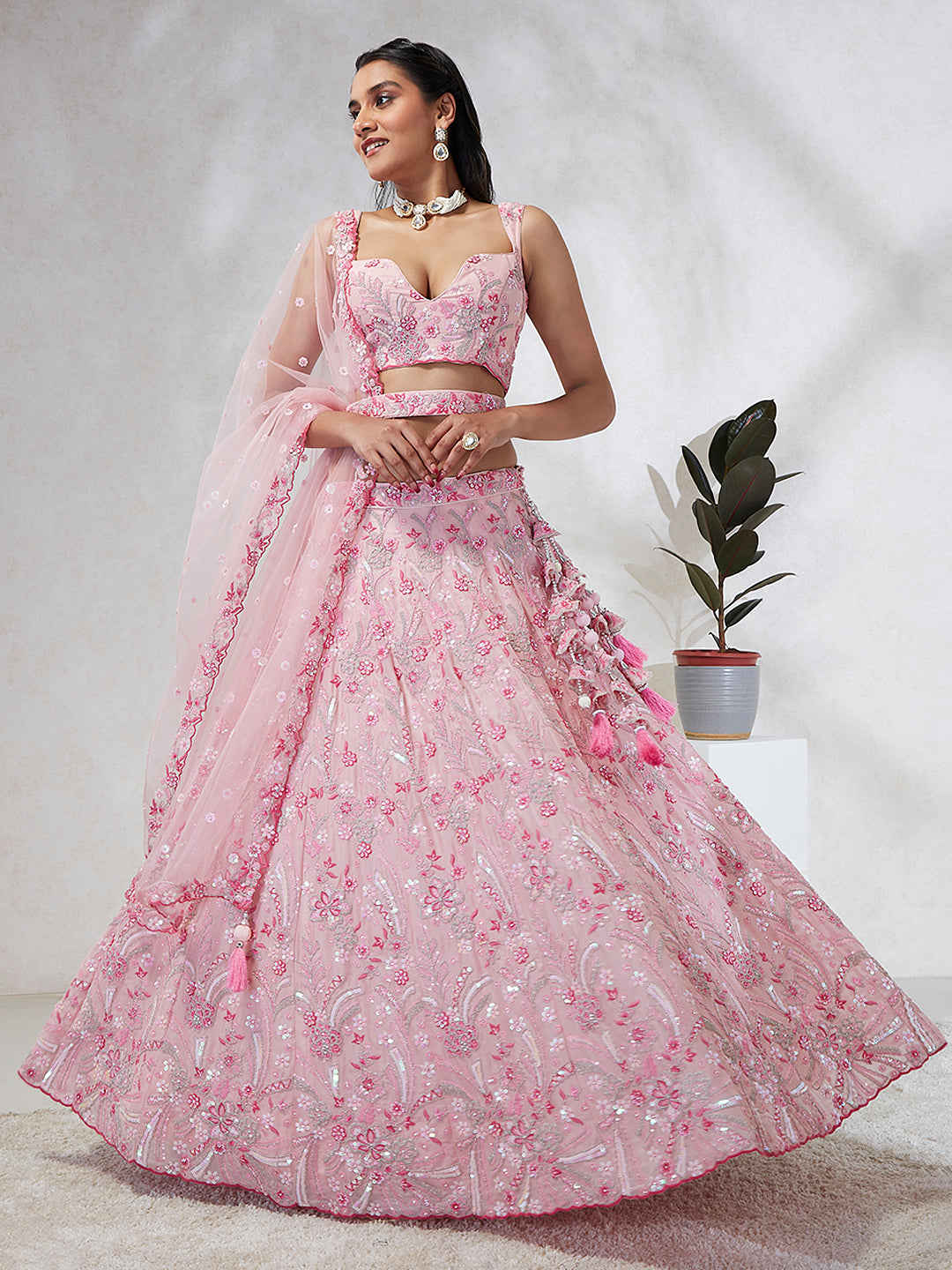 Women's Pink Georgette Sequins And Thread Embroidery  Lehenga Choli & Dupatta - Royal Dwells