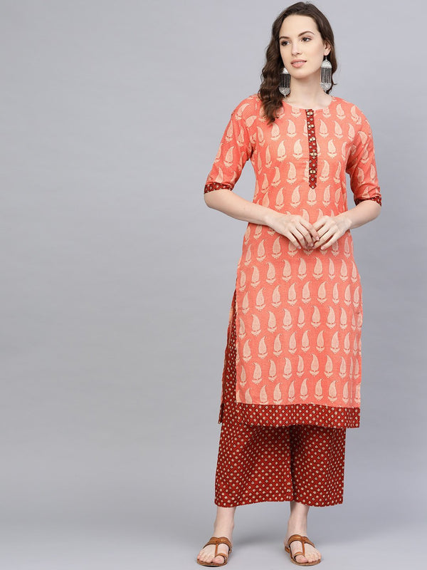 Women's Orange Cotton Printed Half Sleeve Round Neck Casual Kurta Palazzo Set - Myshka