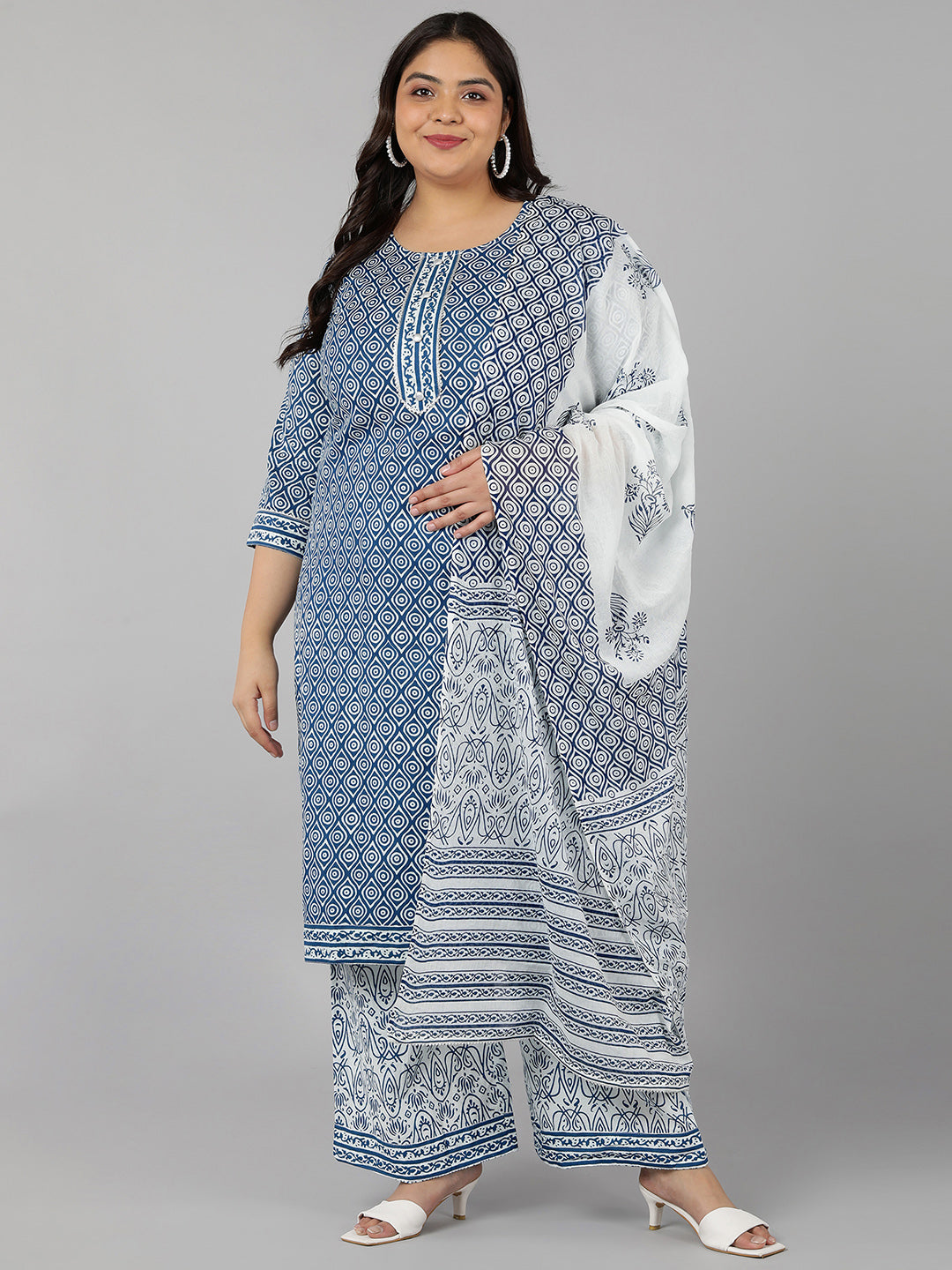 Women's Cotton Printed Straight Kurta Set (Blue) - Kipek