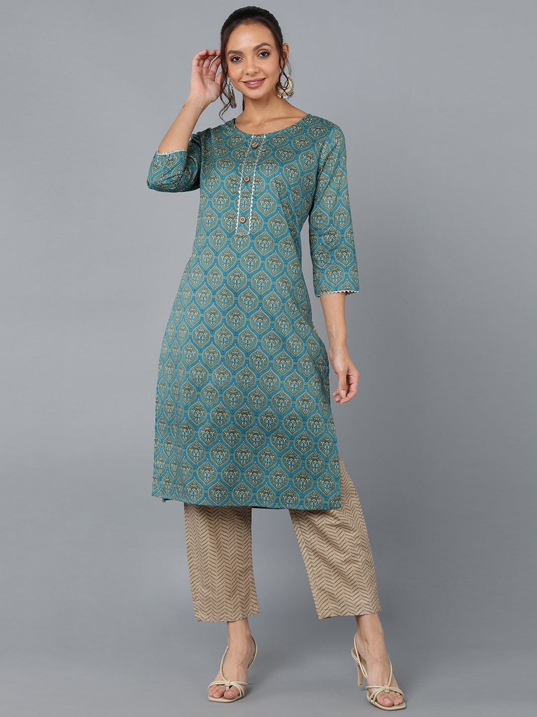 Women's Cotton Blend Printed Straight Kurta Set (Teal ) - Kipek