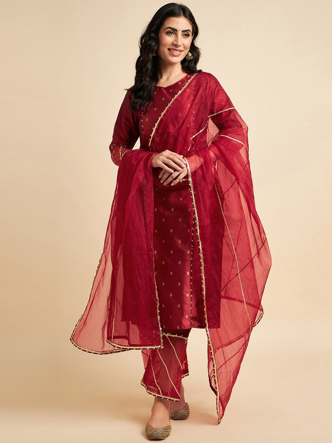 Women's Maroon Raw Silk Straight Calf Length Kurta With Palazzo Dupatta Set - Azira