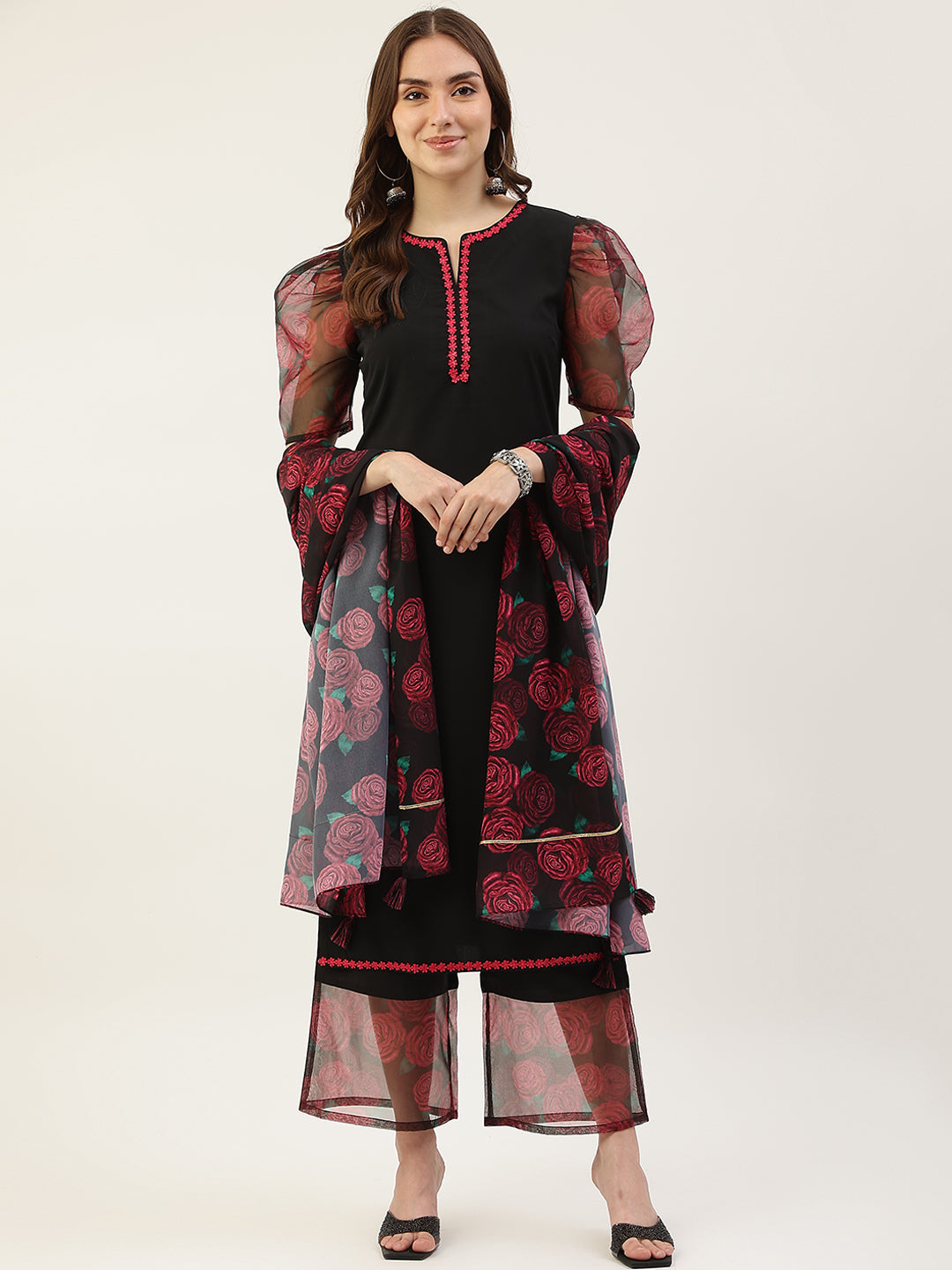 Women's Black Crepe Straight Kurta Palazzo Set With Dupatta - Fiorra