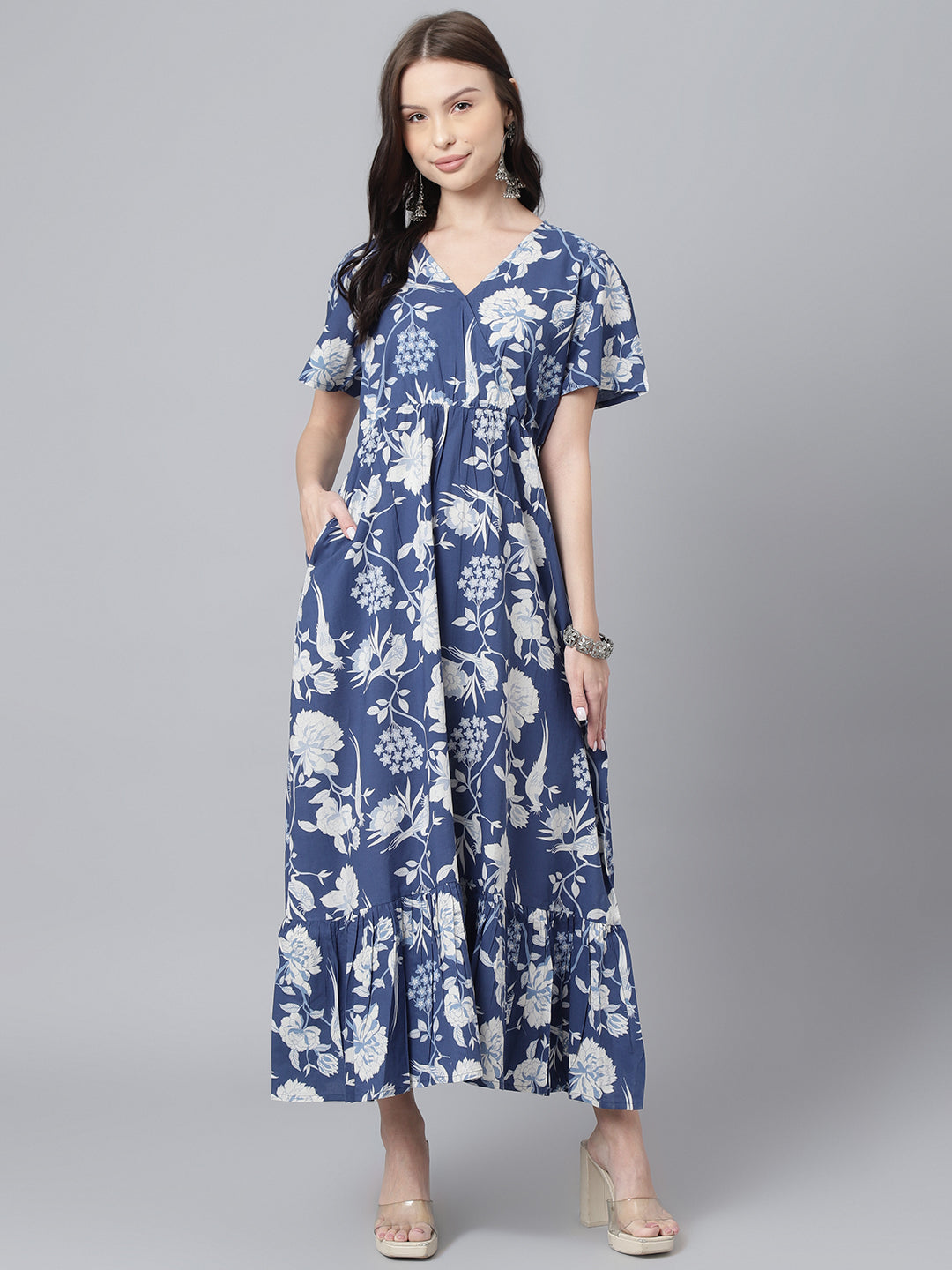 Women's Indigo Cotton A-Line Midi Dress - DECKEDUP