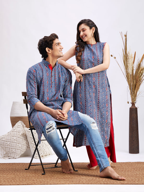 MEN WOMEN 36 - 42 Indigo Blue Cotton Men's:Kurta  Women's:Kurta Set