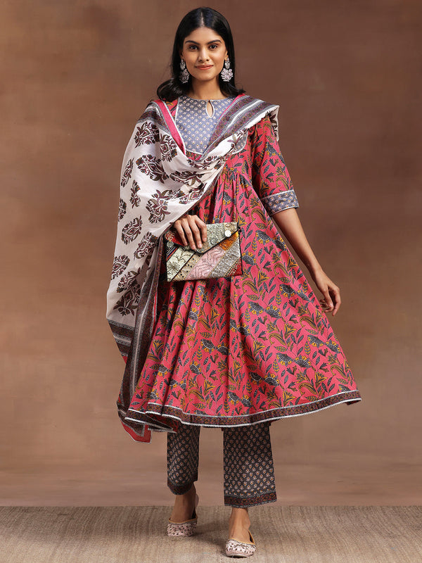 Pink Printed Cotton Anarkali Suit With Dupatta