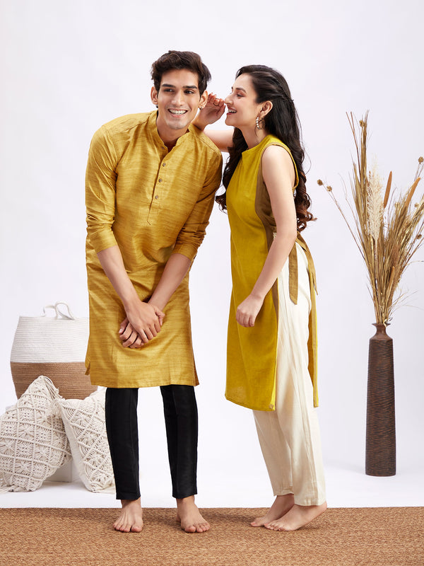 MEN WOMEN 36 - 42 Yellow And Black Silk Blend Men's:Kurta Pyjama Set  Women's:Kurta Set