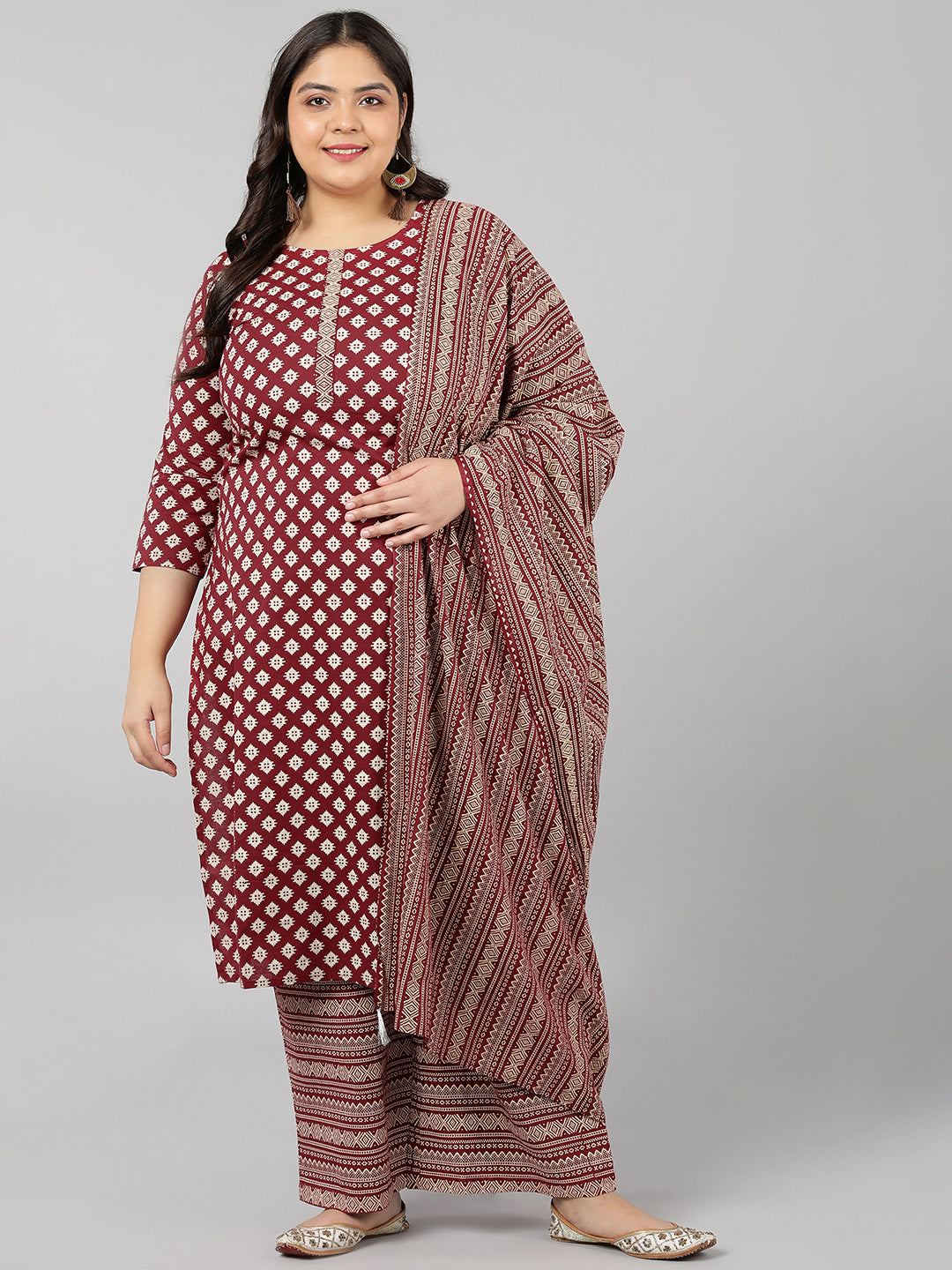 Women's Cotton Block Print Straight Kurta Set (Maroon) - Kipek