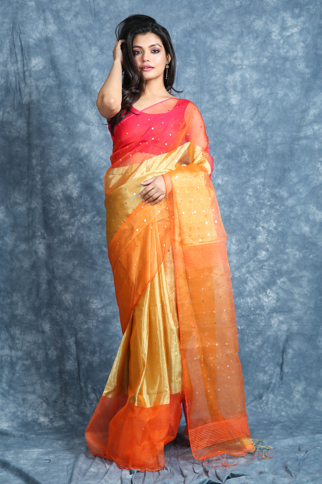 Women's  Handwoven Saree With Allover Sequins - Charukriti