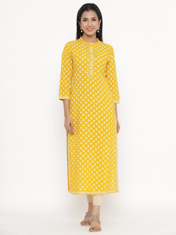 Women's Self Desgin Rayon Fabric Straight Kurta Yellow Color - Kipek