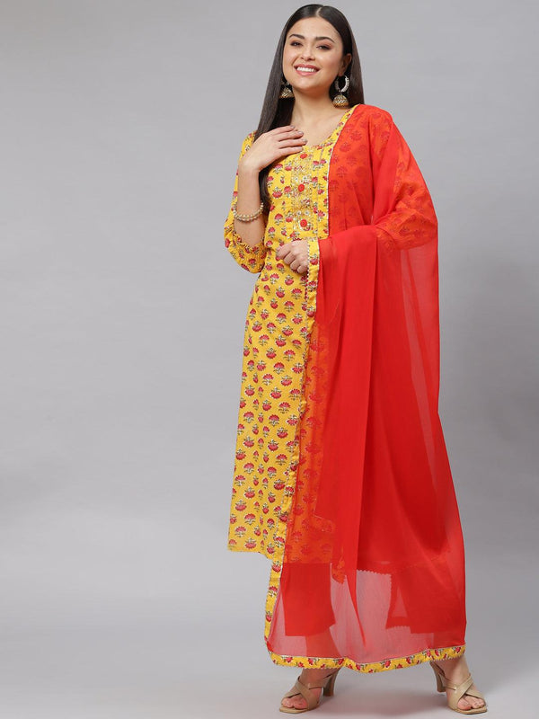 Women's Yellow Floral Cotton Kurta Pant Set with Dupatta - Taantav