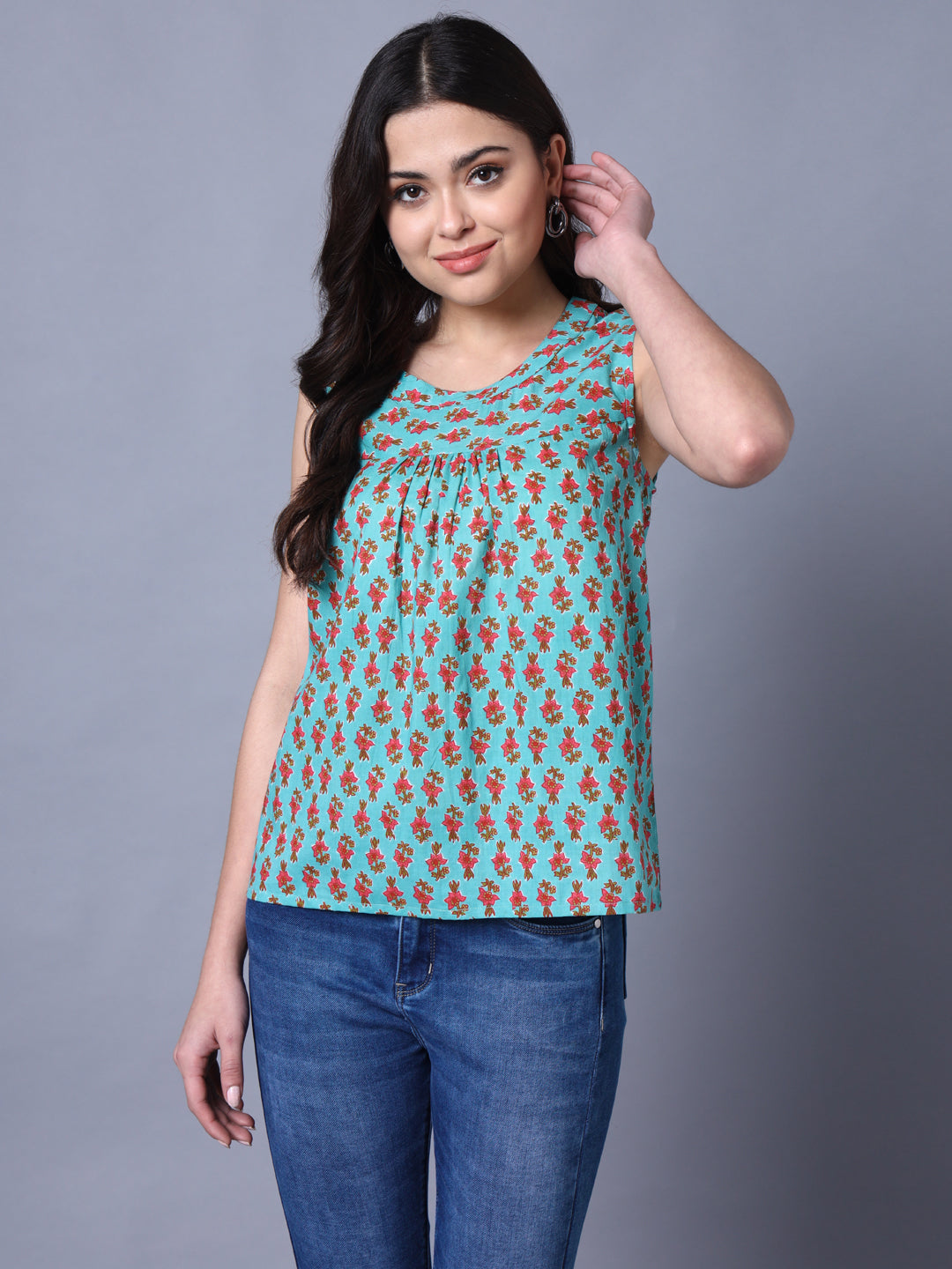 Women's Cotton Tarquise Printed Cutsleeves Top - Deckedup