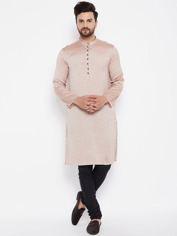 Men's Woven Design Off Beige Straight Kurta - Even Apparels