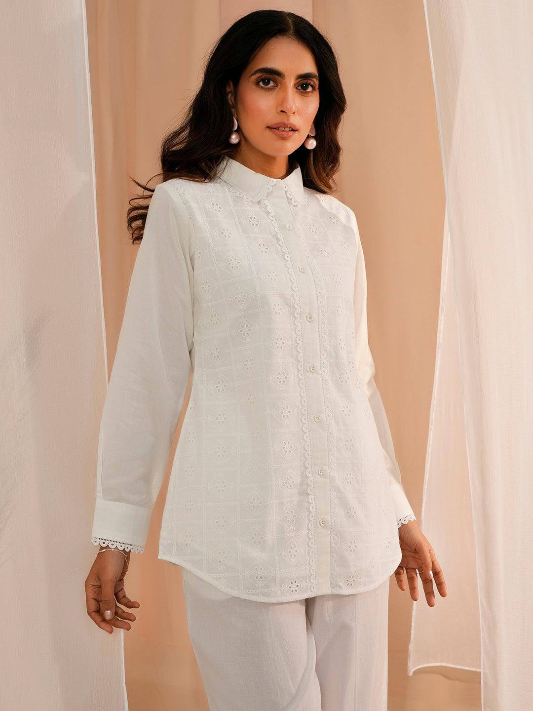 White Embroidered Cotton Straight Kurti - Jashvi