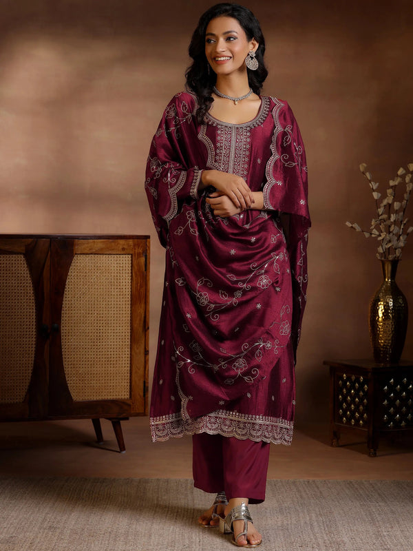 Maroon Embroidered Silk Blend Straight Suits With Dupatta