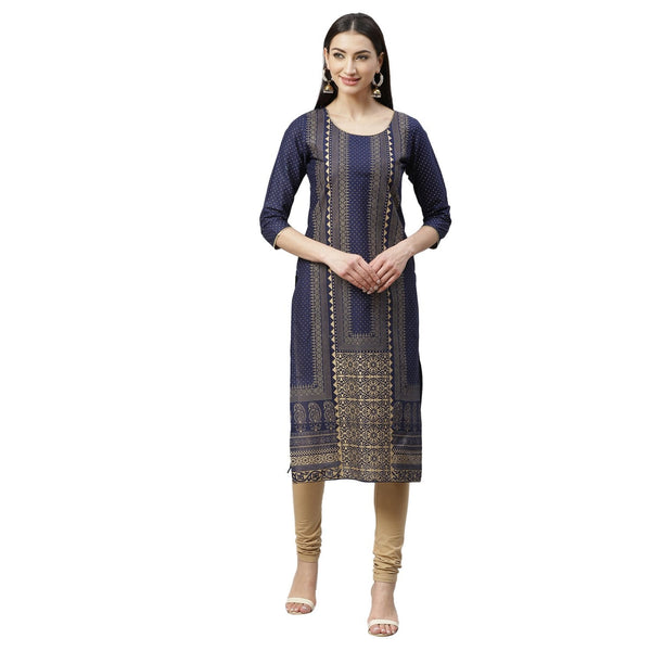 Women's Navy Blue Cotton Printed 3/4 Sleeve Round Neck Casual Kurta Only - Myshka