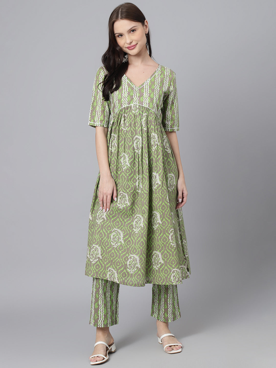 Women's Green White Cotton Printed High Slit Kurta - DECKEDUP