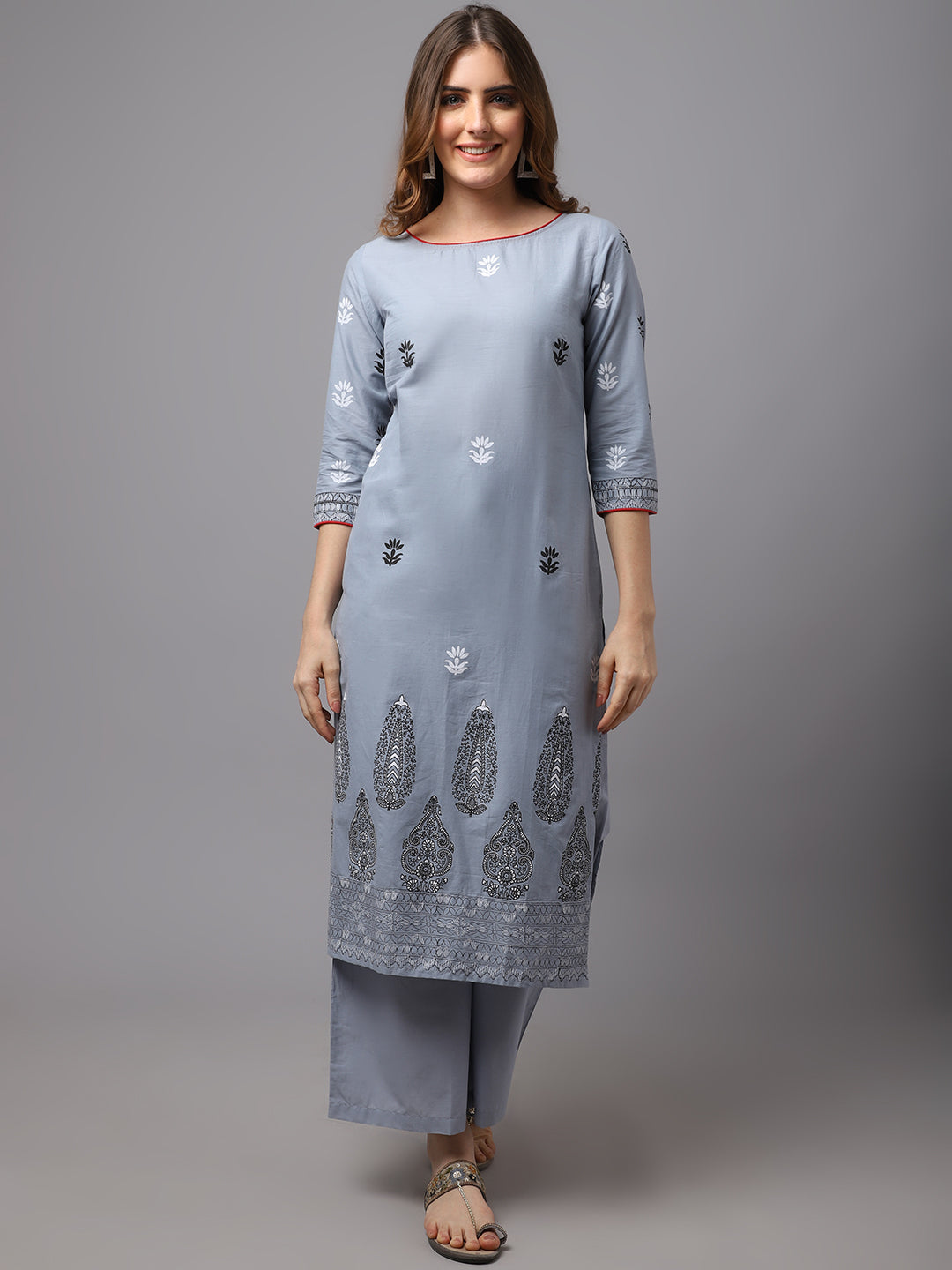 Women's Grey Ethnic Motifs Gotta Patti Block Print Kurta And Palazzo - Noz2Toz