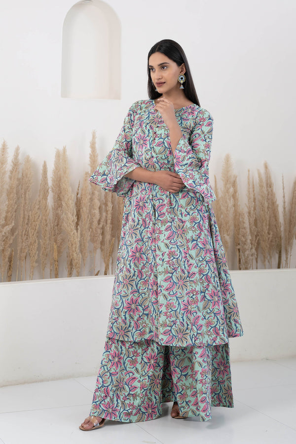 Blue Hand Block Printed Kurta Palazzo Set By Saras The Label- (2Pcs Set)