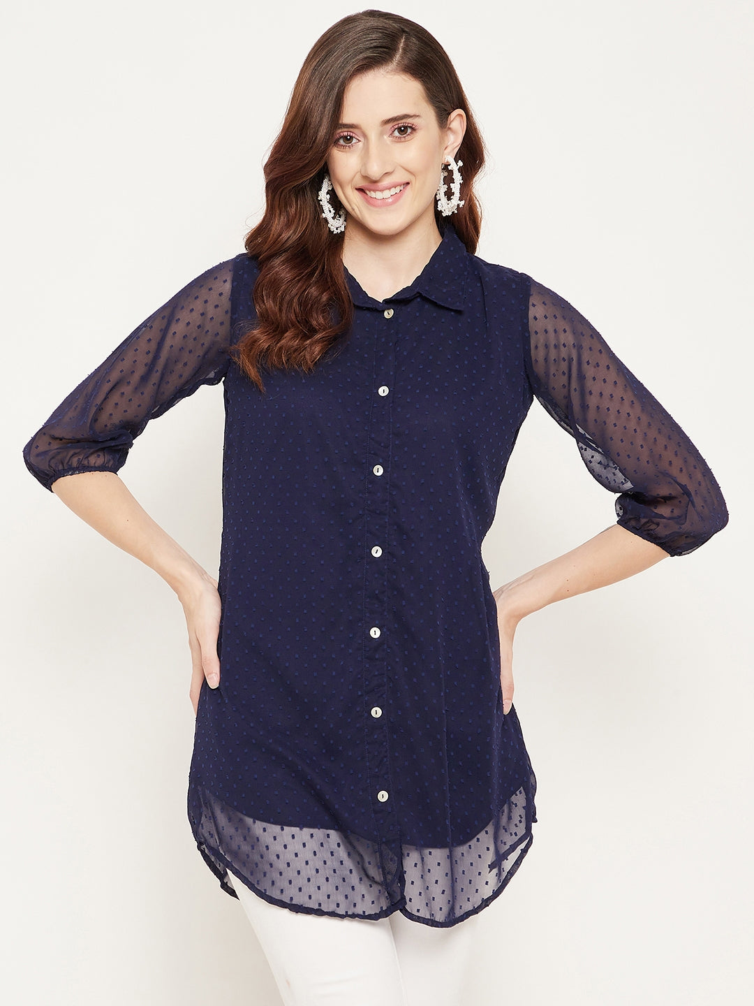 Women's Navy Blue Solid Shirt Collar Dobby Tunic - Bitterlime