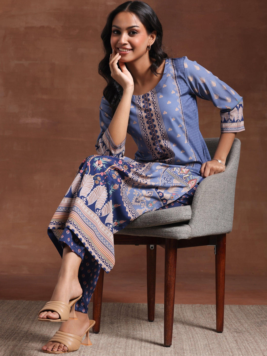 Blue Printed Crepe Straight Kurta Set - Jashvi