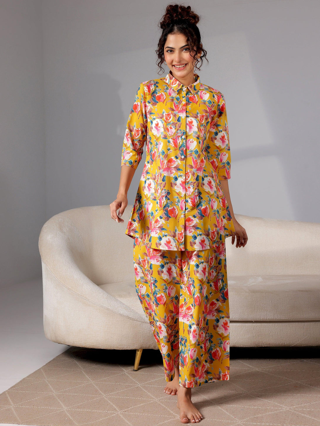 Mustard Printed Cotton Night Suits - Jashvi