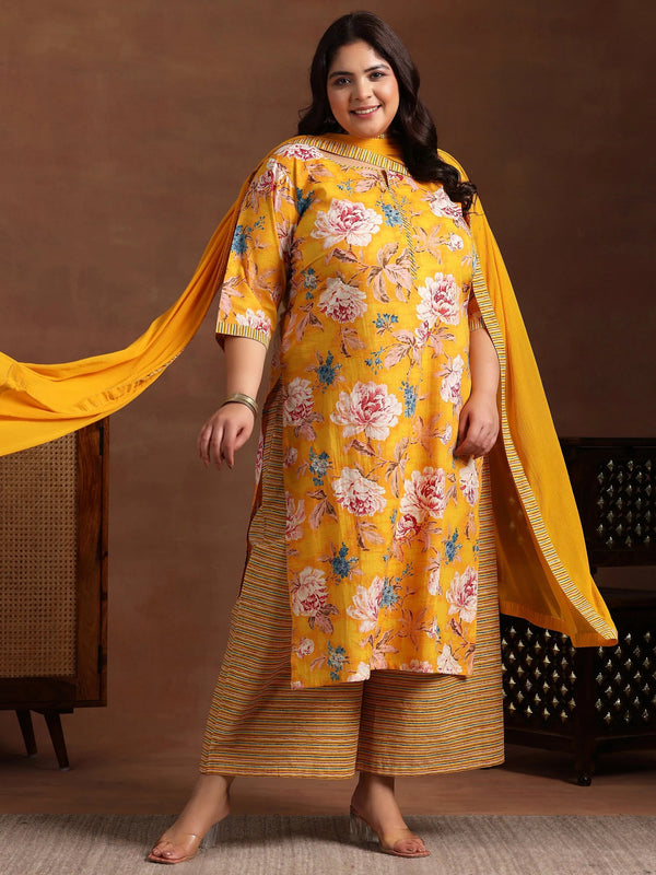 Plus Size Mustard Printed Cotton Straight Suit With Dupatta