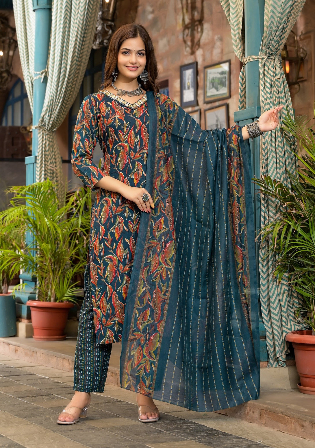 Women's Blue Embroidery Viscose Rayon Kurta, Pant And Dupatta Set - Alvami