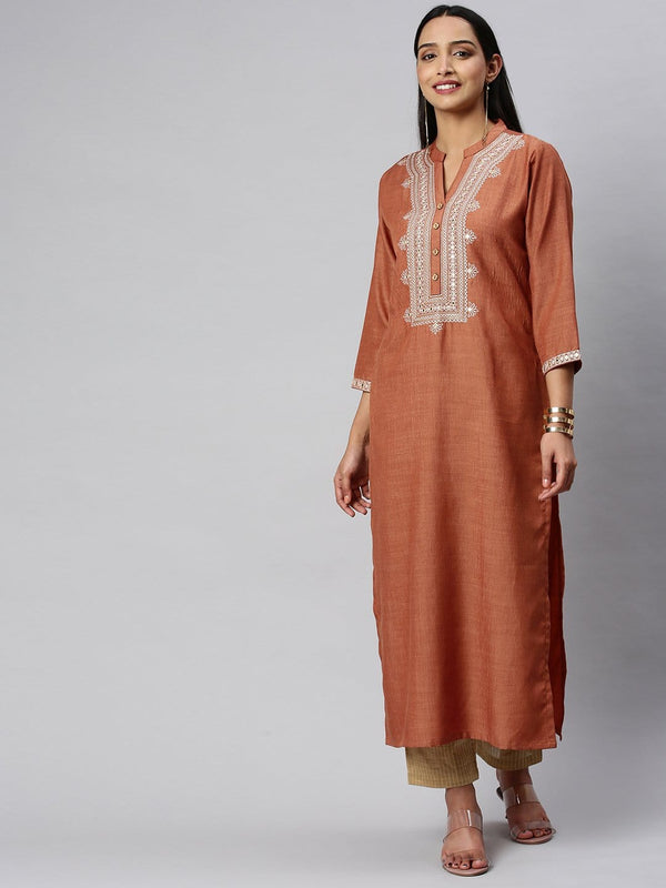 Women's KSUT Rust And Cream Mirror Work Embroidery Yoke Kurta With 3/4Th Sleeves - Varanga