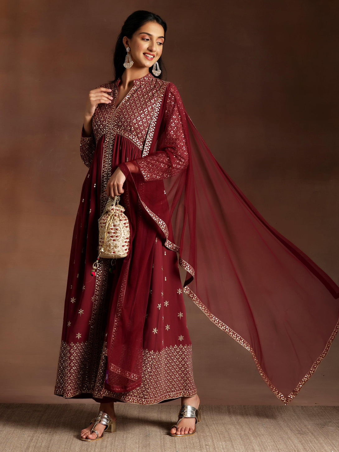 Mauve Embroidered Georgette A-Line Kurta With Trousers & Dupatta - Jashvi