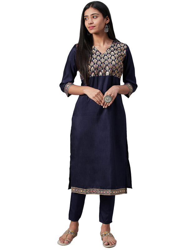 Women's Navy Blue Poly Silk Kurta And Pant Set - Ziyaa