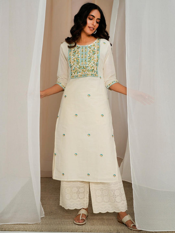 Off White Embroidered Cotton Straight Kurta - Jashvi