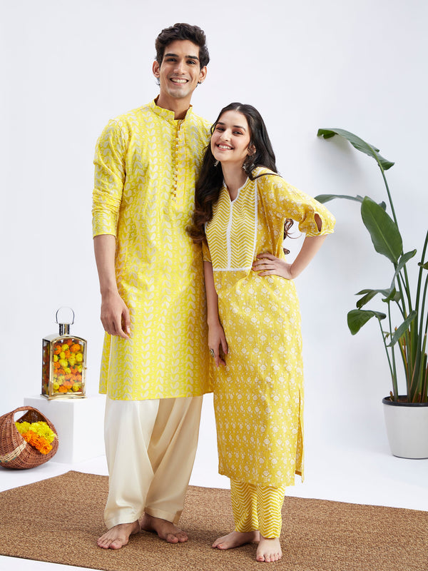 Jashvi Mustard And Cream MEN WOMEN Men's:Kurta and Patiala Set  Women's:Kurta Set