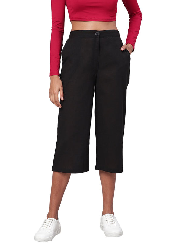 Women's Black Solid Cotton Trouser - Myshka