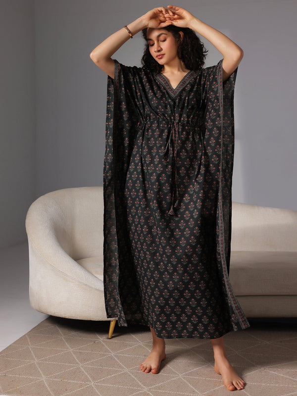 Dark Green Printed Cotton Kaftan Night Dress - Jashvi