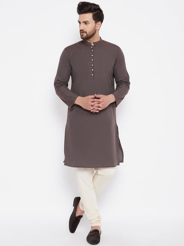 Men's Woven Design Brown Straight  Kurta - Even Apparels