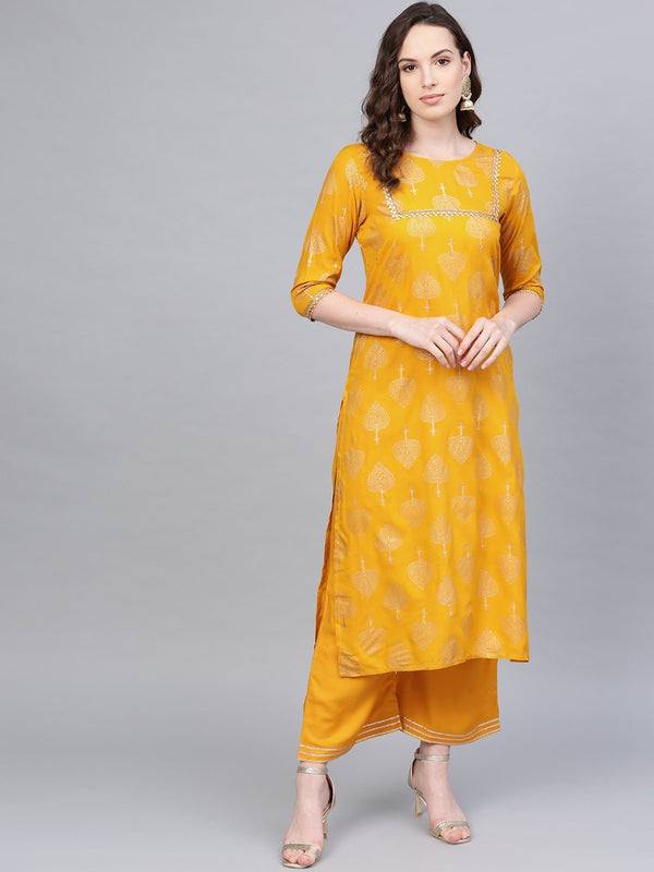 Women's Yellow Cotton Printed Half Sleeve Round Neck Casual Kurta Palazzo Set - Myshka