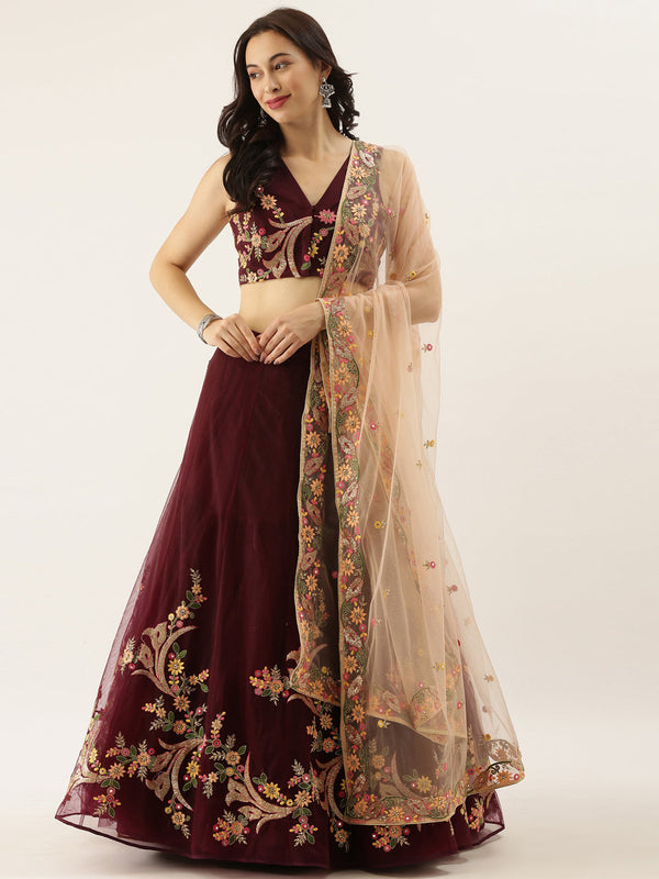 Women's Burgundy Net  Thread And Stone Work Lehenga Choli - Royal Dwells