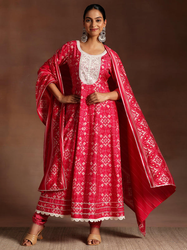 Pink Printed Silk Blend Anarkali Suit With Dupatta - Jashvi