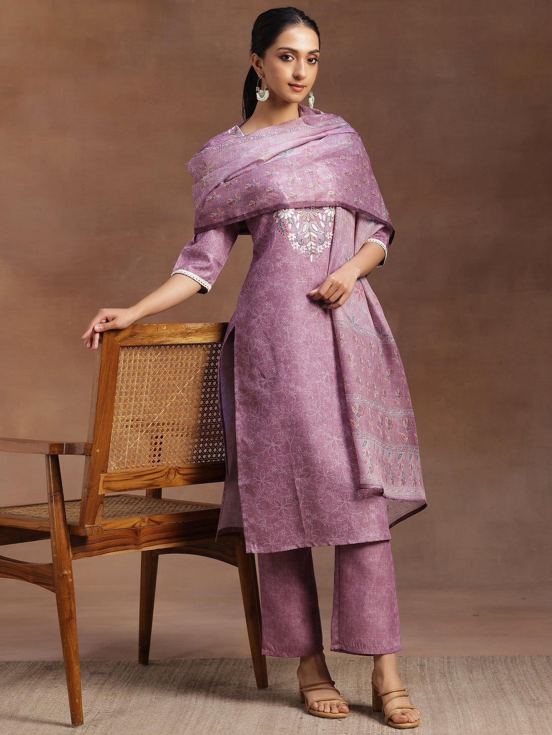 Mauve Yoke Design Cotton Straight Suit With Dupatta - Jashvi