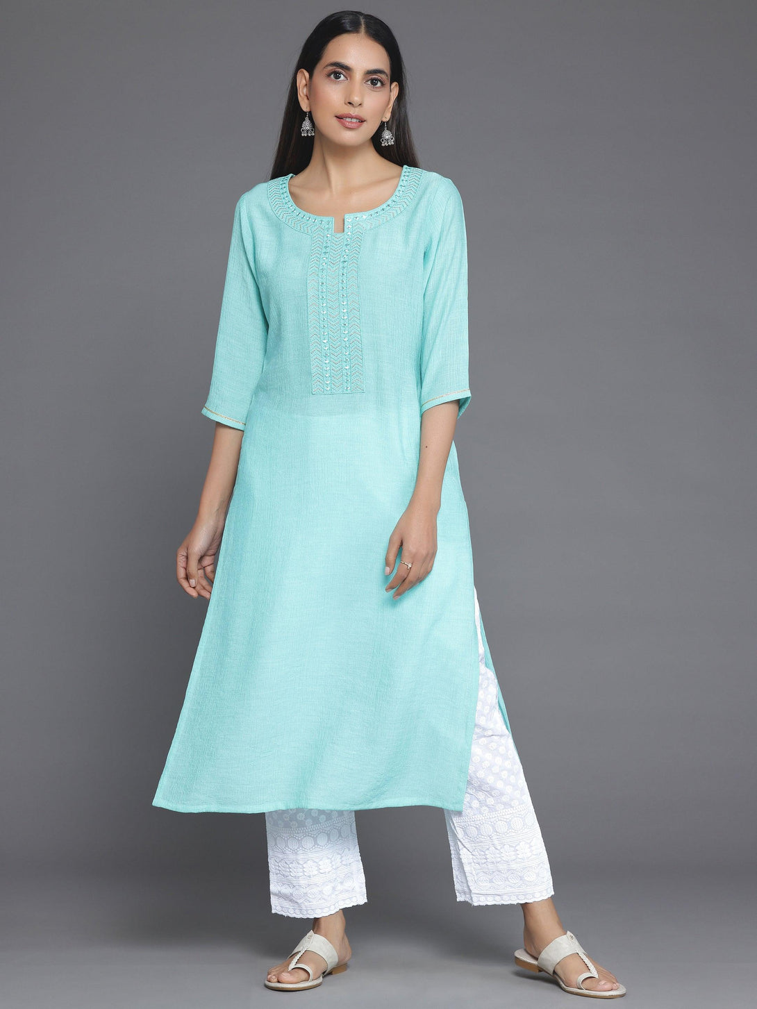 Blue Yoke Design Cotton Straight Kurta - Jashvi