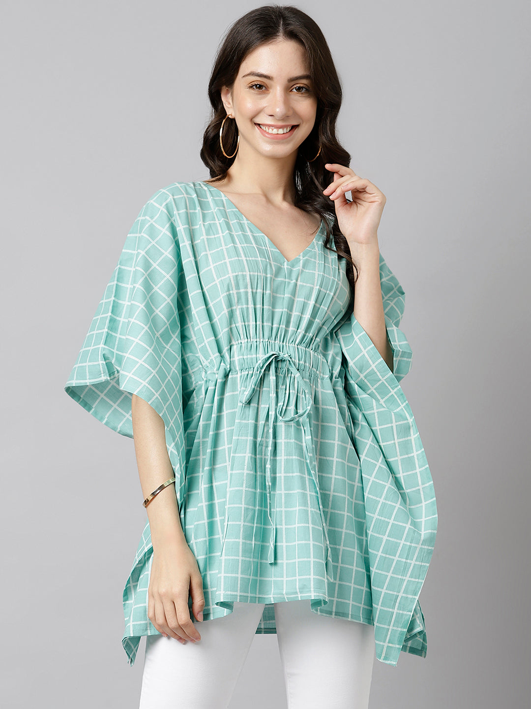 Women's Green Checks Printed Cotton Kaftan Top - Deckedup