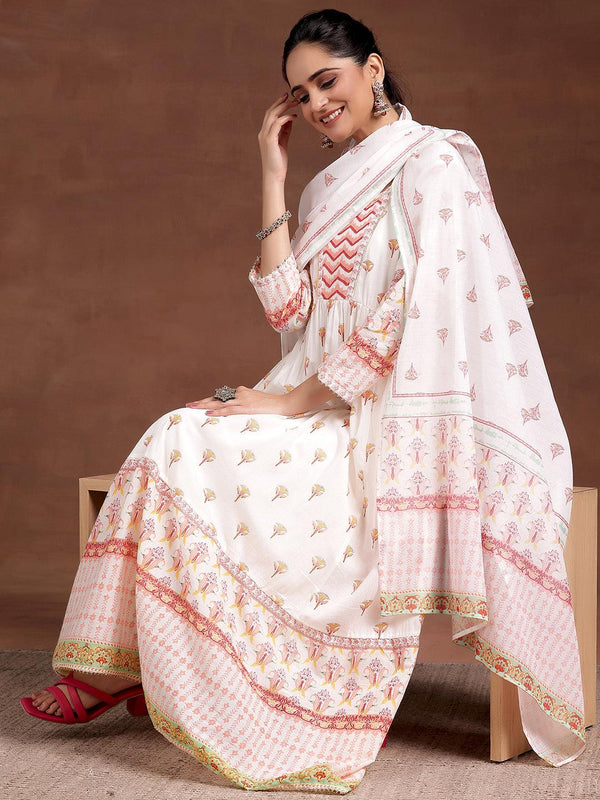 Off White Printed Cotton Anarkali Suit With Dupatta - Jashvi